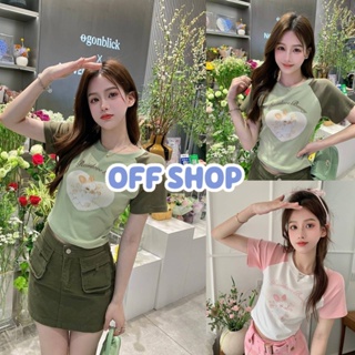 OFF SHOP พร้อมส่ง (OFF-58067-7) เสื้อครอปแขนสั้น ไหมพรมคอกลม สีพาสเทล ดีเทลลายกระต่าย  -C