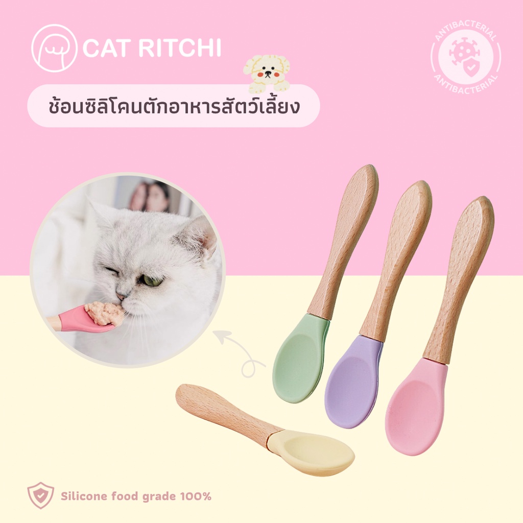 [ พร้อมส่ง] ช้อนซิลิโคน ด้ามจับไม้ Food grade สีพาสเทลน่ารัก ช้อนตักอาหารน้องแมวน้องหมา ปลอดภัยต่อสัตว์เลี้ยง ปลอด BPA