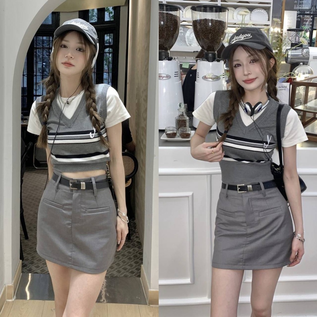 Pudding ~พร้อมส่ง~ "08011-M/08011-MY/08011-Y" เสื้อไหมพรมแขนสั้น 3ลาย คอกลม 2ชั้นติดกัน  -C