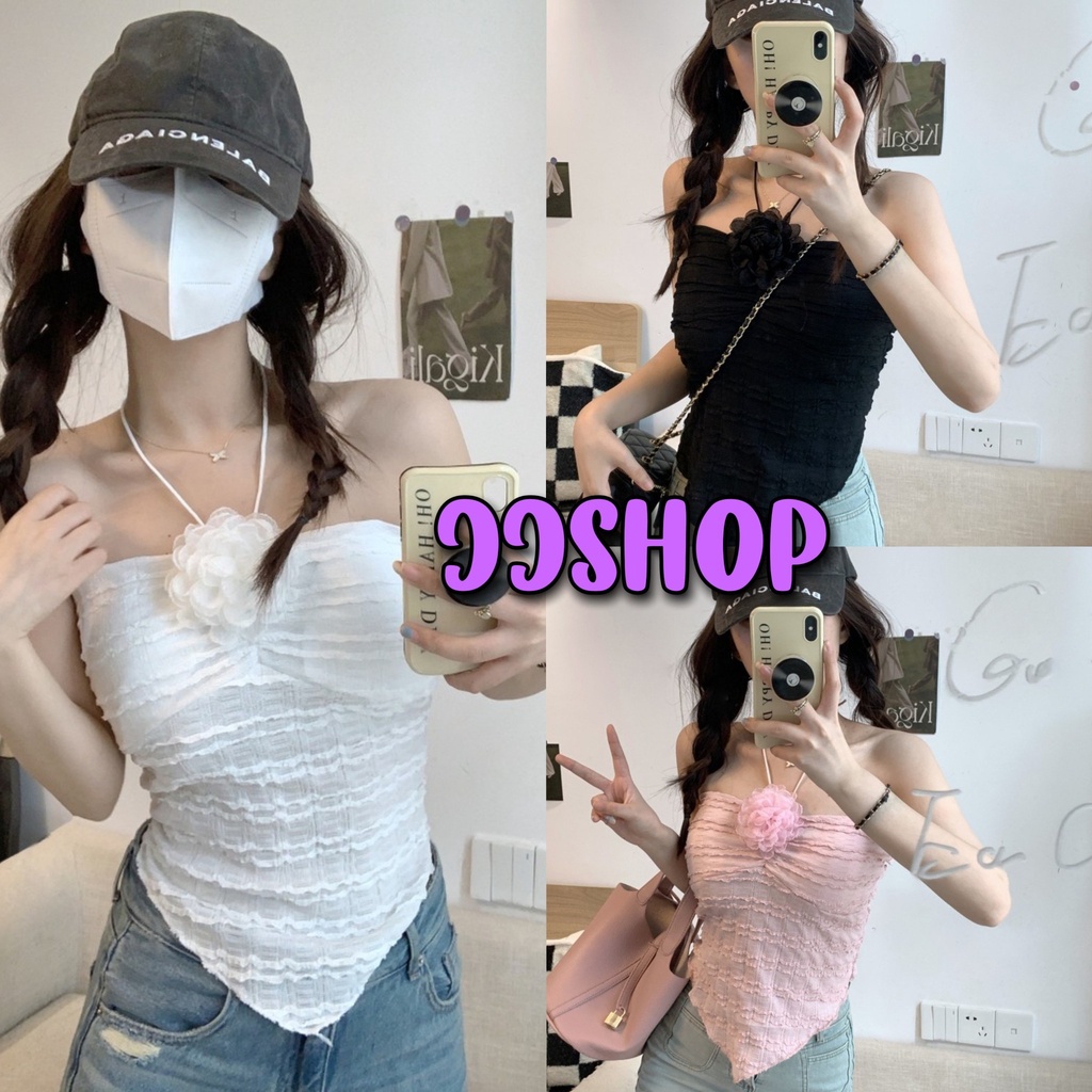 JJ Shop​💜​พร้อมส่ง เสื้อเกาะอกผูกคล้อง ผ่าไหมพรม  แถมเข็มกัดดอกไม้มี 3สี  