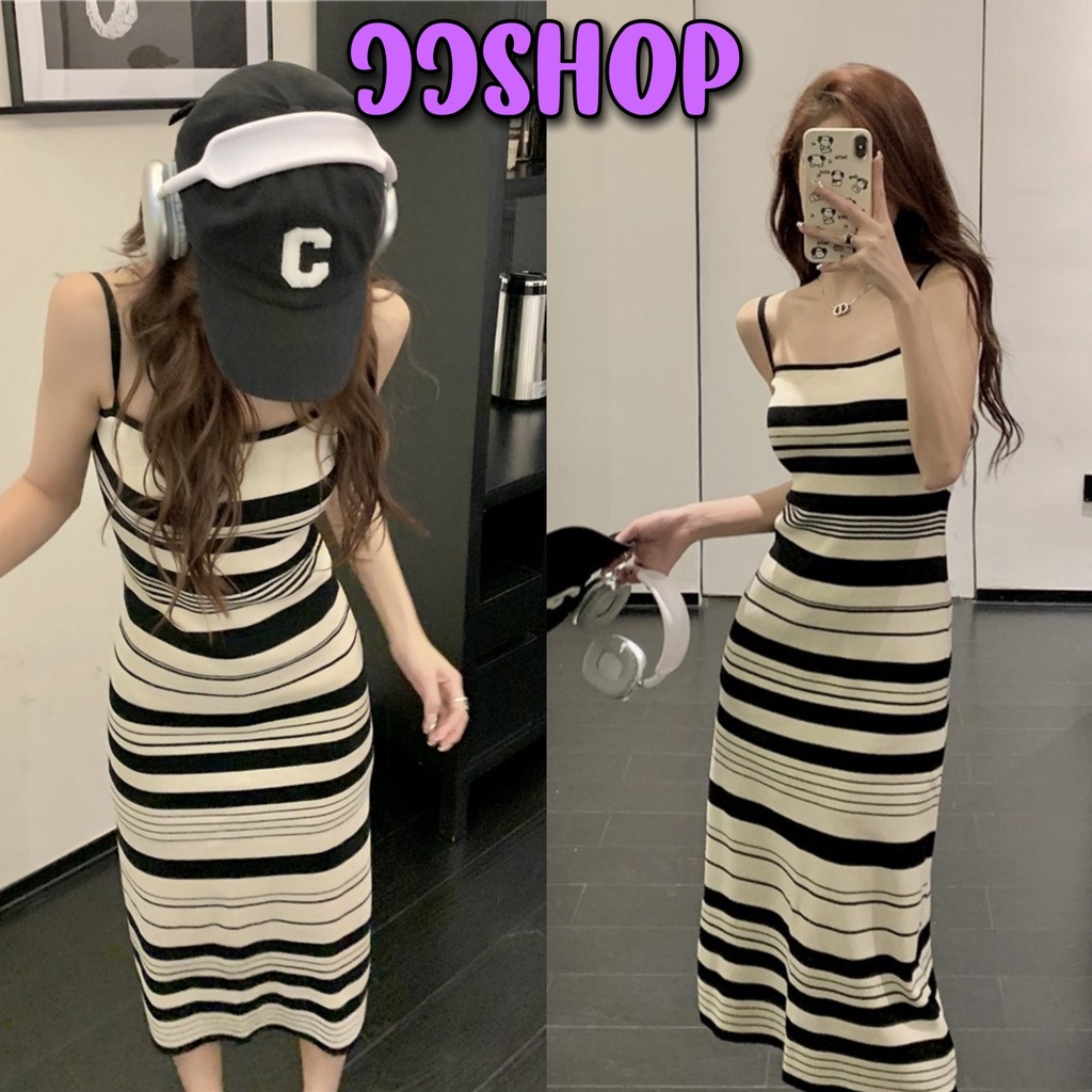 JJ Shop​ ​พร้อมส่ง ชุดเดรสไหมพรม สายเดี่ยวรัดรูป ลายทางปลายพริ้ว "6A008" -C