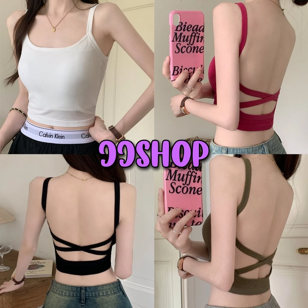 JJ Shop💜พร้อมส่ง เสื้อสายเดี่ยวมีฟองน้ำ ผ้าไหมพรม เว้าหล้งเซ็กซี่ "FY5741"