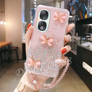 เคสโทรศัพท์มือถือเจลนิ่ม ลายผีเสื้อ 3D แต่งกลิตเตอร์ พร้อมสายคล้องมือ สําหรับ Honor 90 Lite Pro 5G Honor90 Honor90Lite