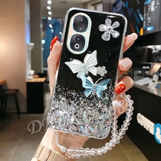 เคสโทรศัพท์มือถือ TPU นิ่ม แบบใส ปิดด้านหลัง ลายผีเสื้อน่ารัก พร้อมสายคล้องมือ ประดับกลิตเตอร์ วิบวับ สําหรับ Honor 90 Lite Pro 5G Honor90 Honor90Lite