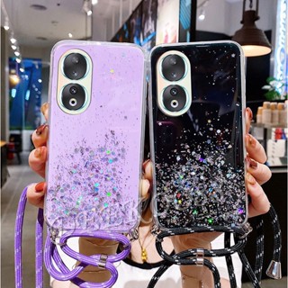 พร้อมส่ง ใหม่ เคสโทรศัพท์มือถือ TPU นิ่ม แบบใส ปิดด้านหลัง ลายกลิตเตอร์ พร้อมสายคล้องคอ สําหรับ Honor 90 5G Lite 90 90Lite 2023 90 Lite