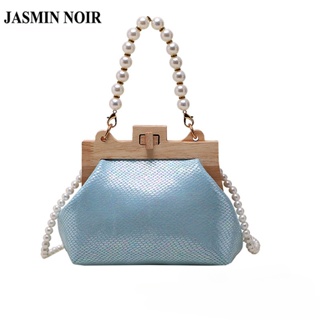 Jasmin NOIR กระเป๋าสะพายข้าง หนัง PU ลายงู ประดับมุก ขนาดเล็ก สําหรับผู้หญิง