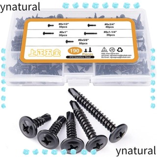 Ynatural แผ่นสกรูโลหะ 190 ชิ้น #8 ชุดสกรูสเตนเลส 1/2 นิ้ว เป็น 1-1/2 นิ้ว พร้อมกล่องเก็บ สีดํา สําหรับเจาะสกรูโลหะ พลาสติก