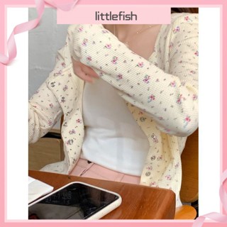 [littlefish] เสื้อแจ็กเก็ตคาร์ดิแกน แขนยาว คอสี่เหลี่ยม ลายดอกไม้ ขนาดเล็ก สไตล์เกาหลี เรโทร เข้ากับทุกชุด สําหรับผู้หญิง