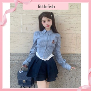 [littlefish] เสื้อเชิ้ต ลายทาง สีฟ้า และกระโปรงพัฟฟี่ เอวสูง สไตล์เกาหลี สําหรับผู้หญิง สองชิ้น