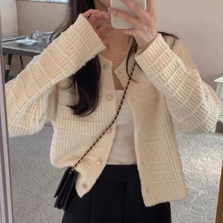 Xiao เกาหลีฤดูใบไม้ร่วงฤดูหนาว Retro Chanel สไตล์รอบคอถักออกแบบหลวมแขนยาวสั้นถักเสื้อกันหนาว MC เสื้อผ้า BLK6