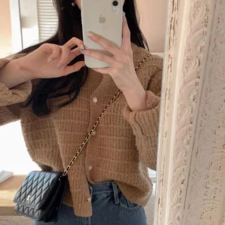 Xiao เกาหลีฤดูใบไม้ร่วงฤดูหนาว Retro Chanel สไตล์รอบคอถักออกแบบหลวมแขนยาวสั้นถักเสื้อกันหนาว MC เสื้อผ้า BLK6