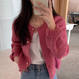 Xiao เกาหลีฤดูใบไม้ร่วงฤดูหนาว Retro Chanel สไตล์รอบคอถักออกแบบหลวมแขนยาวสั้นถักเสื้อกันหนาว MC เสื้อผ้า BLK6