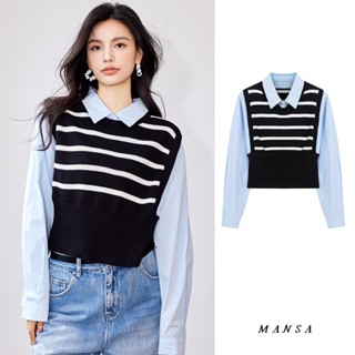 MANSA Blue Striped Patch Shirt เสื้อโอเวอร์ไซส์ผู้หญิง เสื้อเชิ้ตลาย