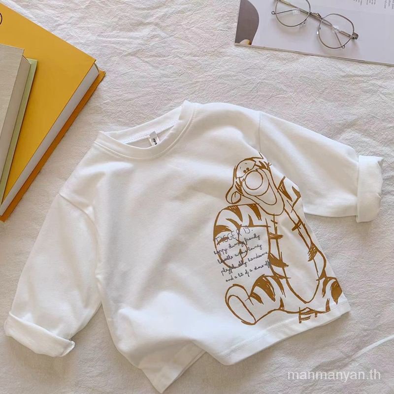 เสื้อยืดแขนยาว ผ้าฝ้ายแท้ แบบนิ่ม ทรงหลวม ลายการ์ตูน สีขาว แฟชั่นฤดูใบไม้ผลิ สําหรับเด็กผู้ชาย