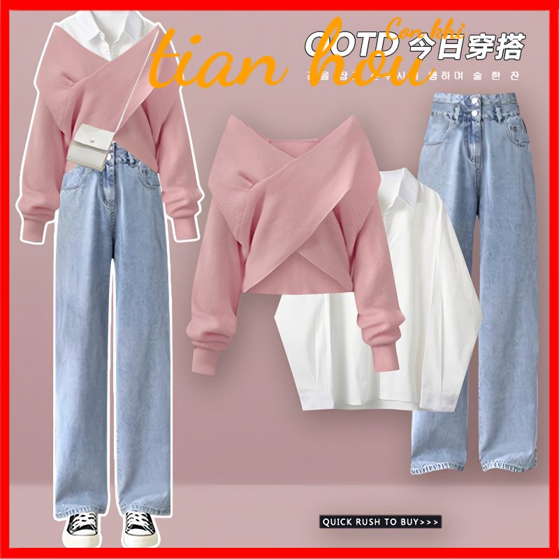 พร้อมส่ง ชุดเสื้อกันหนาว ผ้าถัก ทรงสลิม สามชิ้น 5A แฟชั่นฤดูใบไม้ร่วง ฤดูหนาว สําหรับผู้หญิง