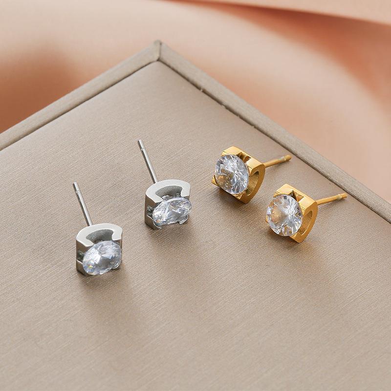 Ht ไทเทเนียมเหล ็ ก Non-Fading Four-Claw เพชร-Stud ต ่ างหูสแตนเลสชุบ 18K Rose Gold สาวอุปกรณ ์ เสริมต ่ างหู