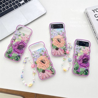 เคสโทรศัพท์มือถือ TPU แบบใส ลายดอกไม้ ภาพวาดสีน้ํามัน พร้อมสายคล้องมือ สําหรับ Samsung Galaxy Z Flip 5 4 3 5G