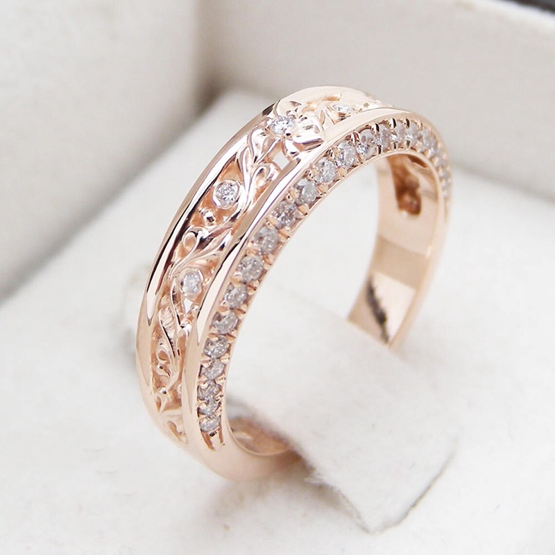 925 เงินสเตอร์ลิงประณีตดอกไม้ออกแบบแหวนผู้หญิง Rose Gold สีแฟนซี Hollow Out Band ประกาย CZ หญิง Finger-ring เครื่องประดับอินเทรนด์
