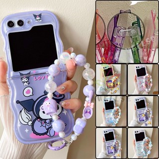 เคสซิลิโคน TPU ใส แบบนิ่ม พิมพ์ลายการ์ตูน ขอบคลื่น พร้อมสายคล้องข้อมือ กันกระแทก สําหรับ Samsung Galaxy Z Flip 5 Z Flip 4 Z Flip 3