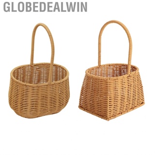 Globedealwin Portable Woven  with Handle PP Rattan Hand Hamper Storage for Fruits Vegetables Sundries