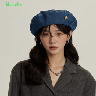 Bluevelvet หมวกเบเร่ต์ยีน อารมณ์ ย้อนยุค หมวกจิตรกร หมวกแปดเหลี่ยม วันหยุด ผู้หญิง หมวกกันแดด