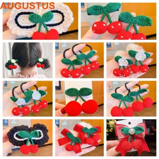 Augustus ผ้าโพกศีรษะ ถักโครเชต์ ลายเชอร์รี่ สีแดง ยืดหยุ่น เครื่องประดับผม สําหรับเด็กผู้หญิง