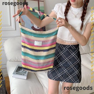 Rosegoods1 กระเป๋าสะพายไหล่ กระเป๋าช้อปปิ้ง ผ้าถัก ลายทาง สีรุ้ง ความจุขนาดใหญ่ แฟชั่นสําหรับผู้หญิง