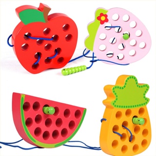 【shuanghong666】Baby Games Wooden Toys Montessori Puzzles Worm Eat Fruit Apple Threading Kids Toys Early Learning Educational Toys For Children