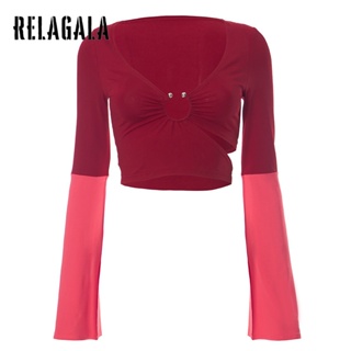 Relagala ใหม่ เสื้อยืดลําลอง แขนยาว ทรงสลิม เปิดกระดุม สีพื้น สําหรับสตรี 2023