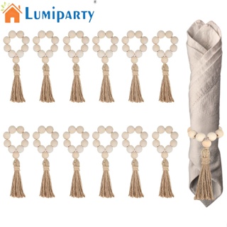 Lumiparty แหวนผ้าเช็ดปาก ประดับลูกปัดไม้ธรรมชาติ 12 ชิ้น พร้อมพู่ สําหรับคริสต์มาส บ้านฟาร์ม งานแต่งงาน บ้าน