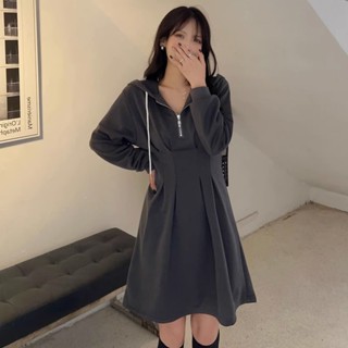 【Dress Oversize】(40-150kg) ชุดมินิเดรส แขนยาว มีฮู้ด ทรงเอ เอวสูง สไตล์เกาหลี แฟชั่น