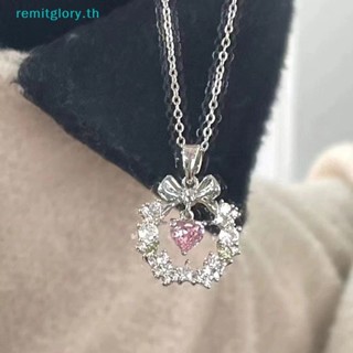 Remitglory สร้อยคอโชคเกอร์ ประดับโบว์คริสตัล รูปหัวใจ สีชมพู สไตล์พังก์ วินเทจ เครื่องประดับแฟชั่น สําหรับผู้หญิง