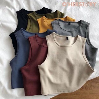 พร้อมส่ง เสื้อครอปสั้นเเขนกุด สีพื้นๆ ทรงสลิม เสื้อครอปมินิมอล