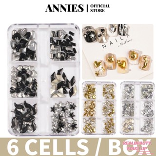 ANNIES 6 กริด/กล่อง แผ่นแปะเล็บ เครื่องประดับโลหะผสม ย้อนยุค สามมิติ ความรัก ประกายเลื่อม [realbeauty]