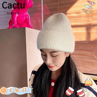 Cactu หมวกบีนนี่ แบบนิ่ม สีพื้น กันลม ขนกระต่าย สวยหรู สามพับ สําหรับผู้หญิง เหมาะกับฤดูหนาว