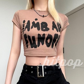 Hitpop-เสื้อยืดครอปท็อป แขนสั้น คอกลม พิมพ์ลายตัวอักษร แฟชั่นฤดูร้อน สําหรับผู้หญิง