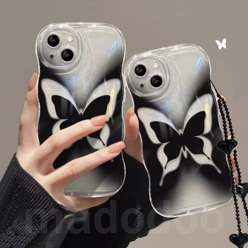 Casing OPPO Reno 10 Pro 8T 8 7 6 5 4 F 8Z 7Z Reno8 Reno7 Z Reno8Z Reno7Z Reno6 Reno5 Reno5F Reno4 Reno4F 4G 5G A57 2022 A77S A76 ins Wave Edge Black Butterfly Fine Hole Clear Airbag Shockproof Soft Phone Case + Lanyard BW 89