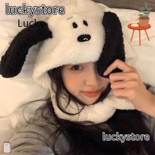 Lucky หมวกบีนนี่ ผ้าพันคอ ผ้ากํามะหยี่ขนนิ่ม ลายการ์ตูนสุนัขน่ารัก ให้ความอบอุ่น ฤดูหนาว สําหรับผู้หญิง