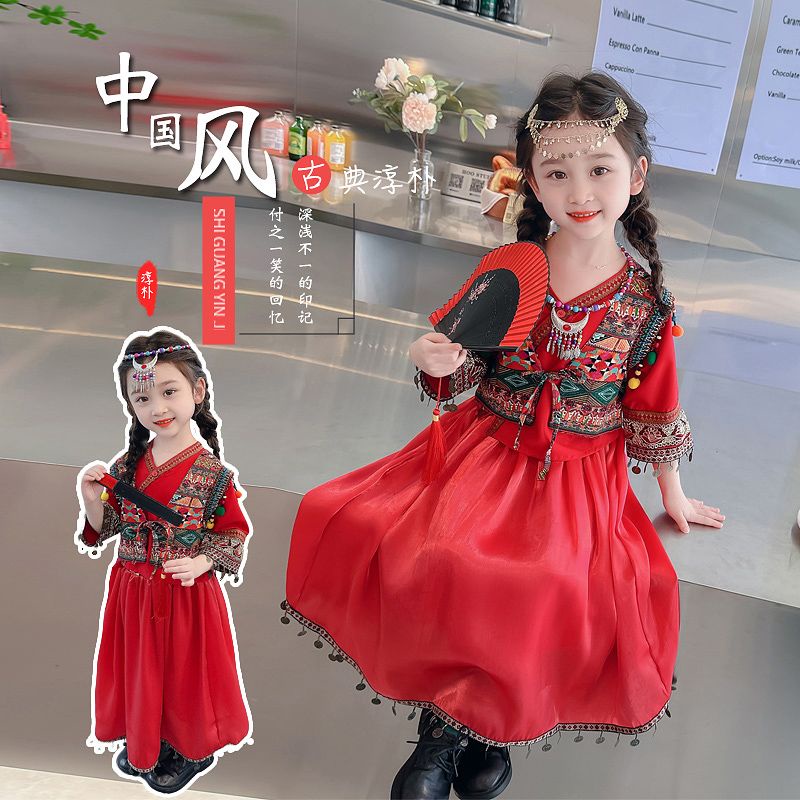 [พร้อมส่ง] ชุดสูทกระโปรง สไตล์ตะวันตก เรโทร สีแดง สําหรับเด็กผู้หญิง ไซซ์ 90-140
