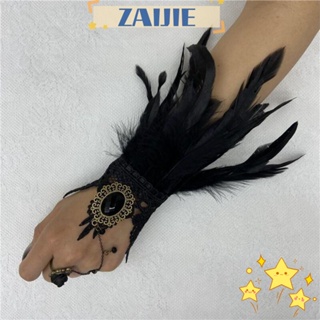 Zaijie24 ถุงมือลูกไม้ คอสเพลย์ ถุงมือขนนกโกธิค แฟชั่น ตกแต่งข้อมือ Y2k Steampunk ลูกไม้ ไร้นิ้ว ถุงมืองานพรอม