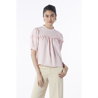 ESPADA เสื้อคอจีนแต่งระบาย ผู้หญิง สีชมพู | Stand Collar Blouse with Ruffle Detail | 04708