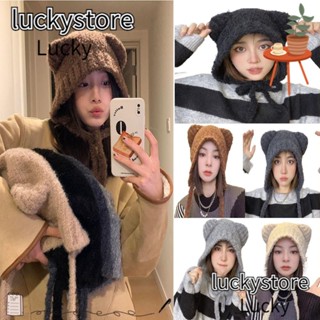 Lucky หมวกถัก น่ารัก ฤดูใบไม้ร่วง ฤดูหนาว ที่ปิดหูกันหนาว ที่ปิดหูหมี หมวกกันหนาว