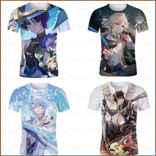 ใหม่ เสื้อยืดแขนสั้นลําลอง ทรงหลวม พิมพ์ลายอนิเมะ Genshin Impact Wanderer Zhongli 3D พลัสไซซ์ สําหรับผู้ชาย และผู้หญิง