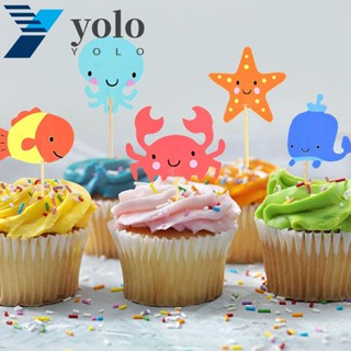 Yolo ป้ายท็อปเปอร์ รูปปู ปลา ดาว ทะเล ปลา ปู สําหรับตกแต่งคัพเค้ก ของขวัญวันเกิด DIY