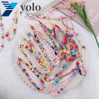 Yolo สายคล้องโทรศัพท์มือถือ ประดับลูกปัดยิ้ม ป้องกันการสูญหาย หลากสี แฟชั่นสําหรับผู้หญิง