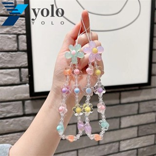 Yolo สายคล้องโทรศัพท์มือถือ ประดับลูกปัดใส ป้องกันการสูญหาย ลายดอกไม้ สีสันสดใส สําหรับผู้หญิง