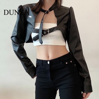 Dunea เสื้อแจ็กเก็ต ครอป หนัง PU แขนพอง หัวเข็มขัด สไตล์สตรีท ฤดูใบไม้ร่วง สําหรับผู้หญิง