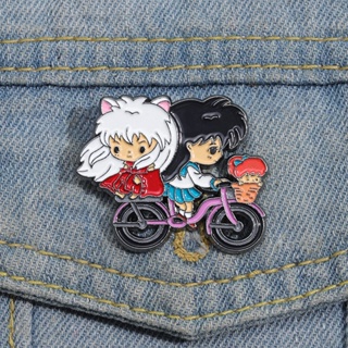 เข็มกลัดโลหะ รูปการ์ตูนอนิเมะ Inuyasha และ Higurashi Kagome Ride A Bike สไตล์ญี่ปุ่น สําหรับตกแต่งเสื้อผ้า กระเป๋าเป้สะพายหลัง