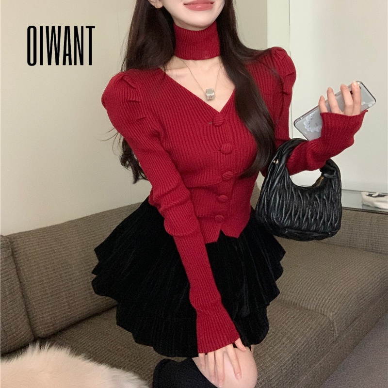 Oiwant เสื้อคาร์ดิแกนกันหนาว คอวี แขนพอง ผ้าถัก เข้ารูป สีพื้น แฟชั่นสําหรับผู้หญิง 2023