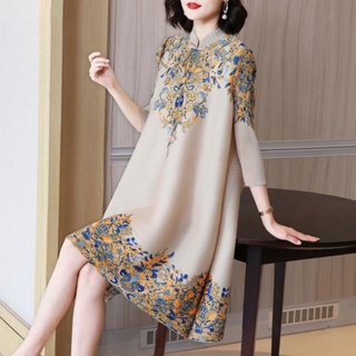 Spot# autumn and winter New pleated five-quarter sleeve dress womens loose slimming mid-length cheongsam dress positioning printed skirt 8jj